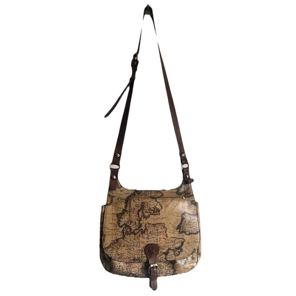 Patricia Nash Saddle Bag Tan European Map London Genuine Leather Crossbody Purse - Picture 1 of 16